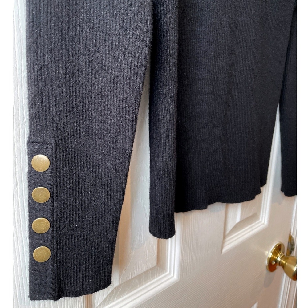 Women's Medium Black Ribbed Knit Crew Neck Sweater Gold Button Cuffs Minimalist - Picture 13 of 13